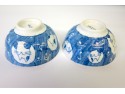 Pair of Japanese Blue and White Cat Rice Bowls